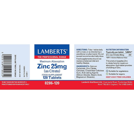 Lamberts Zinc 25mg (as Citrate), 120 Tabs