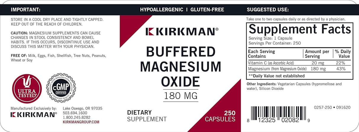 Kirkman Labs (Hypoallergenic) Buffered Magnesium Oxide 180 mg, 250 Capsules