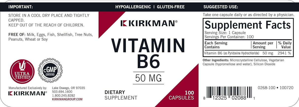 Kirkman Laboratories, Vitamin B6 50mg, Hypoallergenic, 100 Capsules