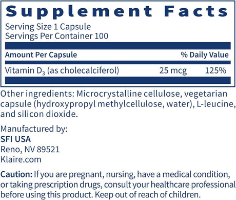 Klaire Labs Vitamin D3 1000IU, 100 Capsules