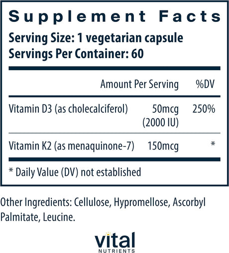 Vital Nutrients Vitamin K2-7 + D3, 60 Vegetarian Capsules
