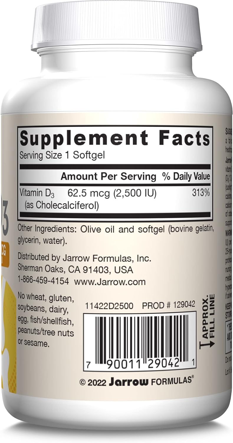 Jarrow Formulas Vitamin D3 Cholecalciferol 2500 IU, 100 Softgels