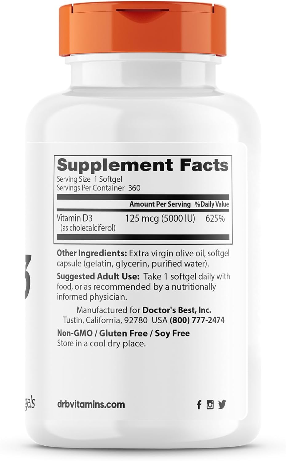 Doctor's Best Vitamin D3 125mcg (5000 IU), 360 Softgels