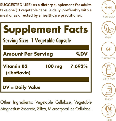 Solgar Vitamin B2 (Riboflavin) 100 mg, 100 capsules