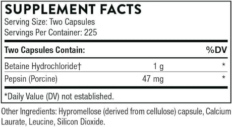 Thorne Research Betaine HCL & Pepsin - 450 Capsules