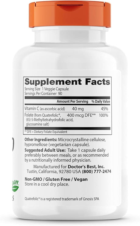 Doctor's Best Fully Active Folate 400 with Quatrefolic 400mcg, 90 Capsules