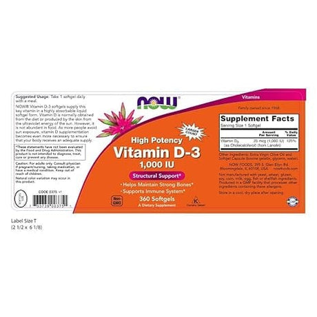 Now Foods Vitamin D3/D-3 High Potency 1000 IU 180 Softgels