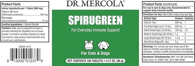 Dr. Mercola, SpiruGreen Superfood for Pets, 500 mg, 180 Tablets (For Dogs & Cats)