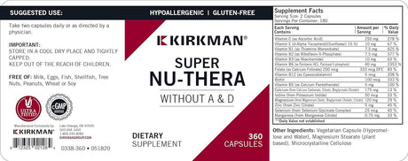 Kirkman Laboratories Super Nu-Thera w/o Vitamins A and D, 360 Capsules