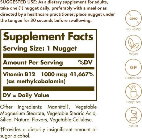 Solgar Sublingual Methylcobalamin (Vitamin B12), 1000 mcg, 60 Nuggets