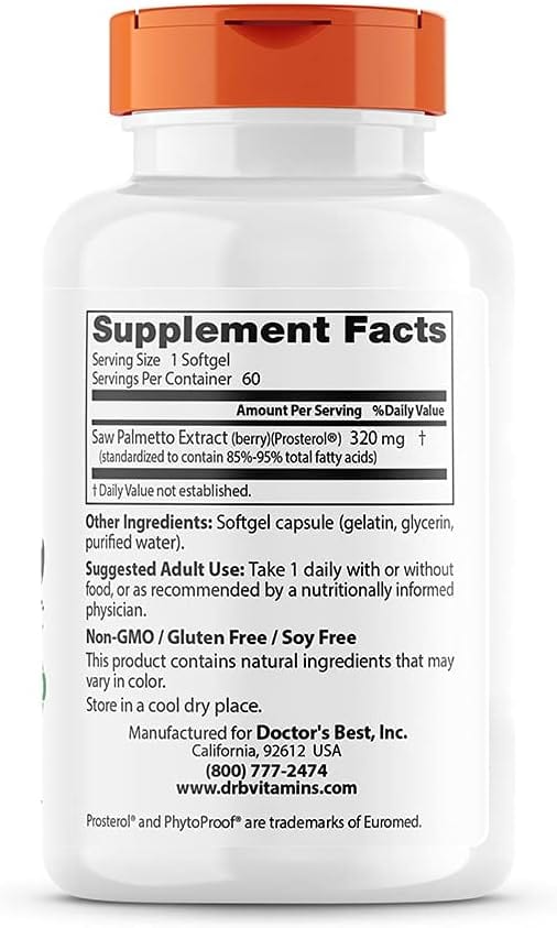 Doctor's Best Saw Palmetto, Standardized Extract with Euromed 320mg, 60 Softgels