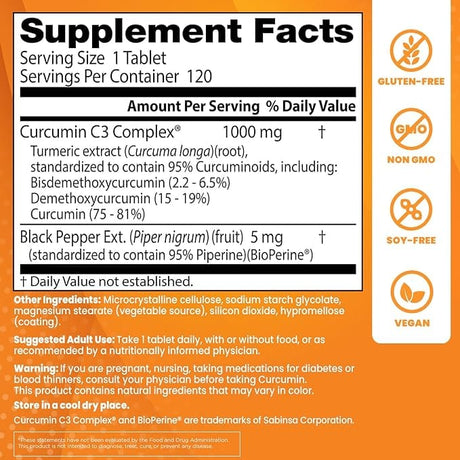 Doctor's Best High Absorption Curcumin with C3 Complex & BioPerine 1000mg, 120 Tablets