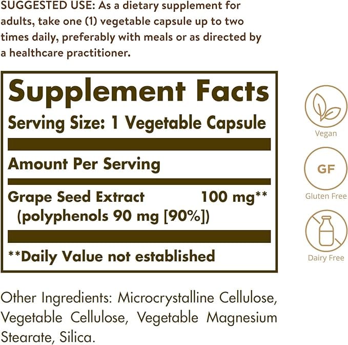 Solgar - Grape Seed Extract, 100 mg, 60 Vegetable Capsules