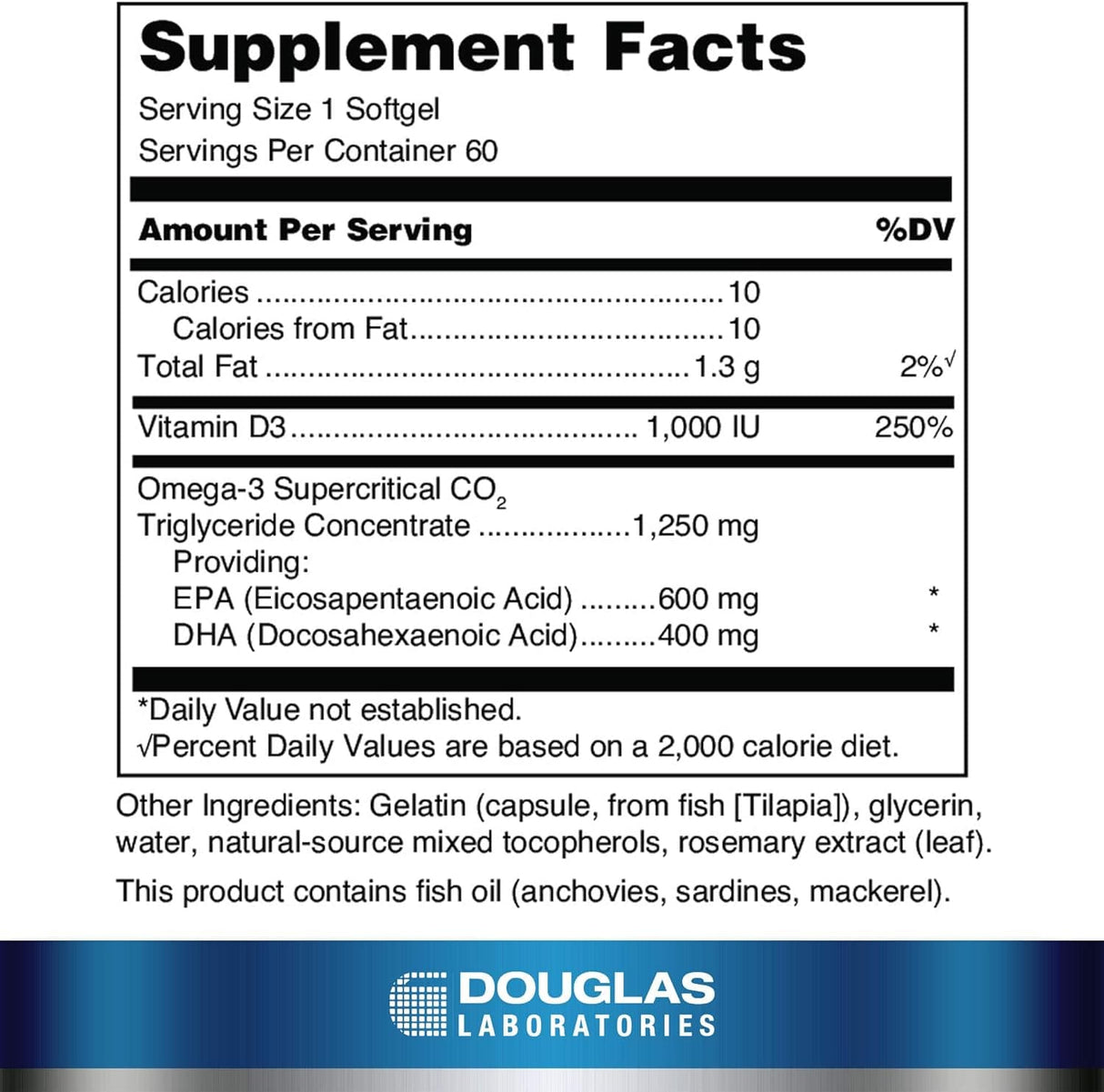 Douglas Labs Quell Fish Oil, High EPA+DHA w/ Vitamin D3, 60 softgels