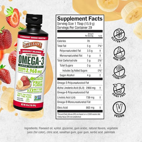 Barlean's Omega-3 from Flax Oil, Strawberry Banana Smoothie, 16 oz (454 g)