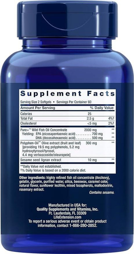 Super Omega-3, EPA/DHA with Sesame Lignans Olive Fruit Extract - 120 Softgels - Life Extension - welzo