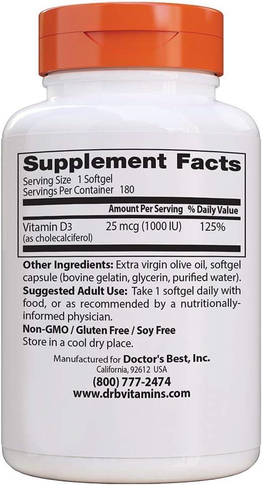 Vitamin D3 25mcg (1000 IU), 180 Softgels - Doctor's Best - welzo