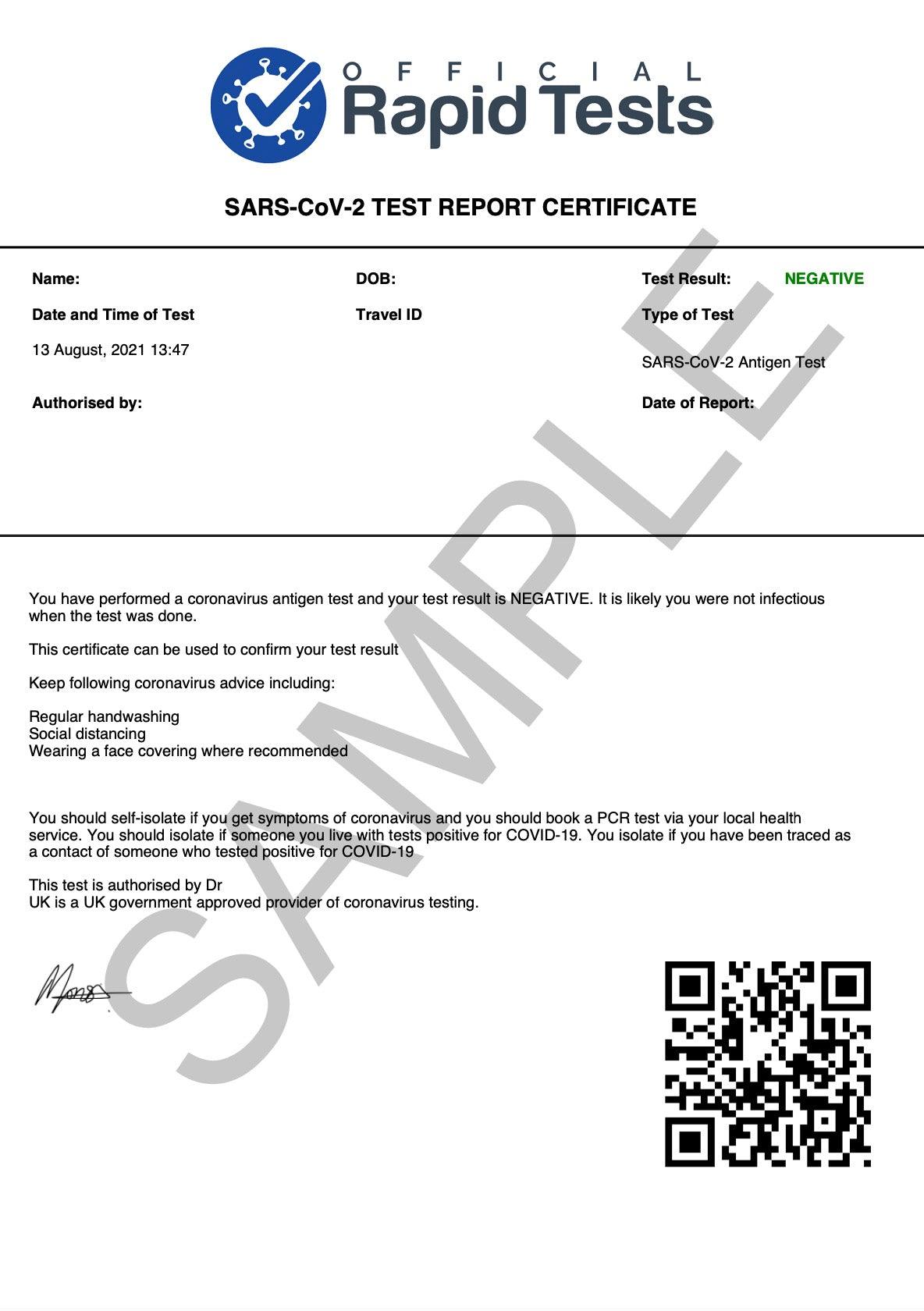 COVID-19 Rapid Antigen Test & Certificate for Travel Guaranteed - Official Rapid Tests