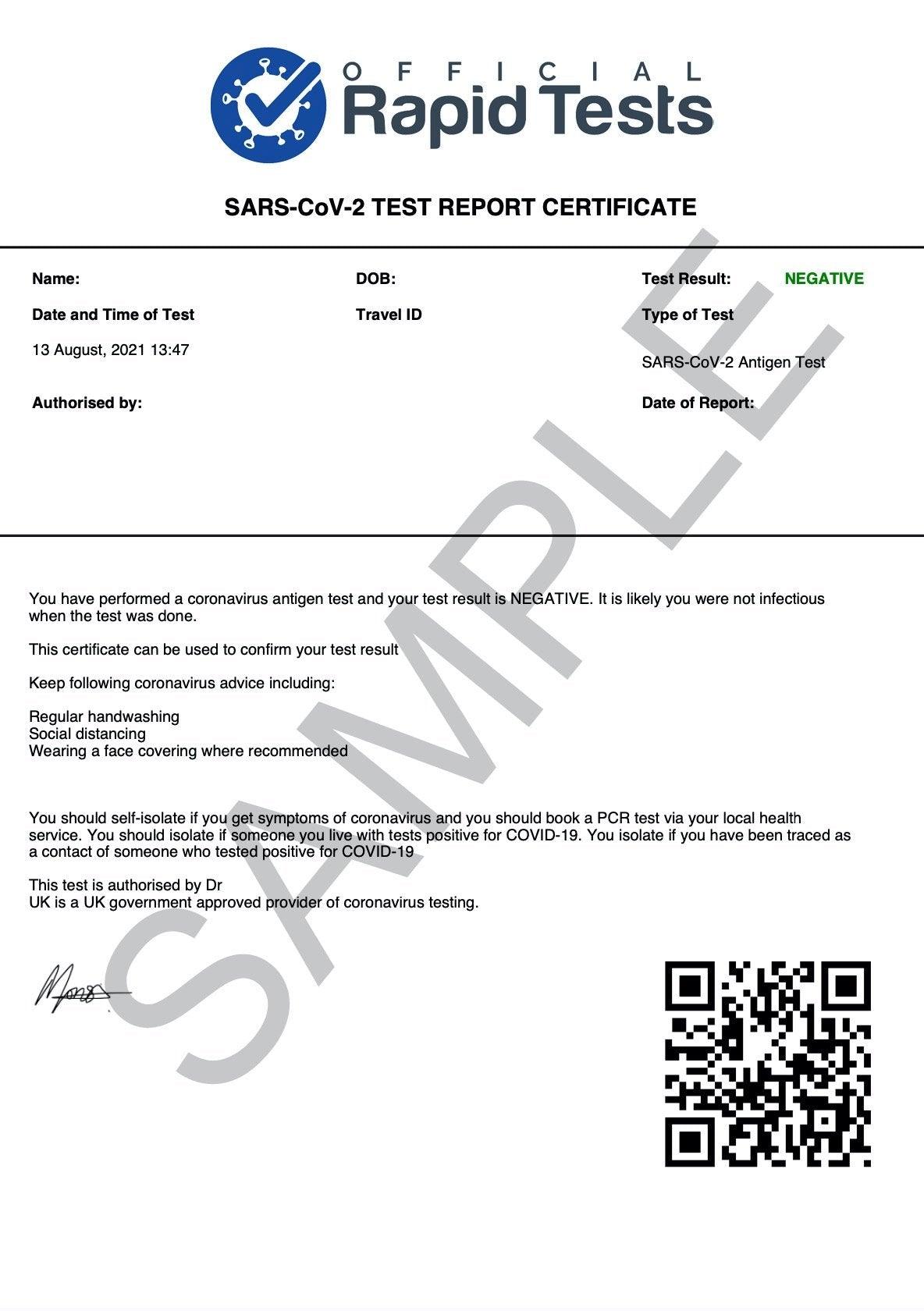 COVID-19 Outbound RT-PCR Travel Test - Official Rapid Tests