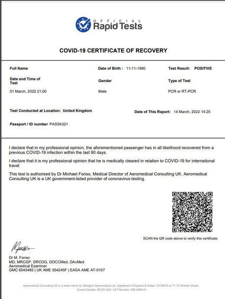 COVID-19 Recovery Certificate - Official Rapid Tests