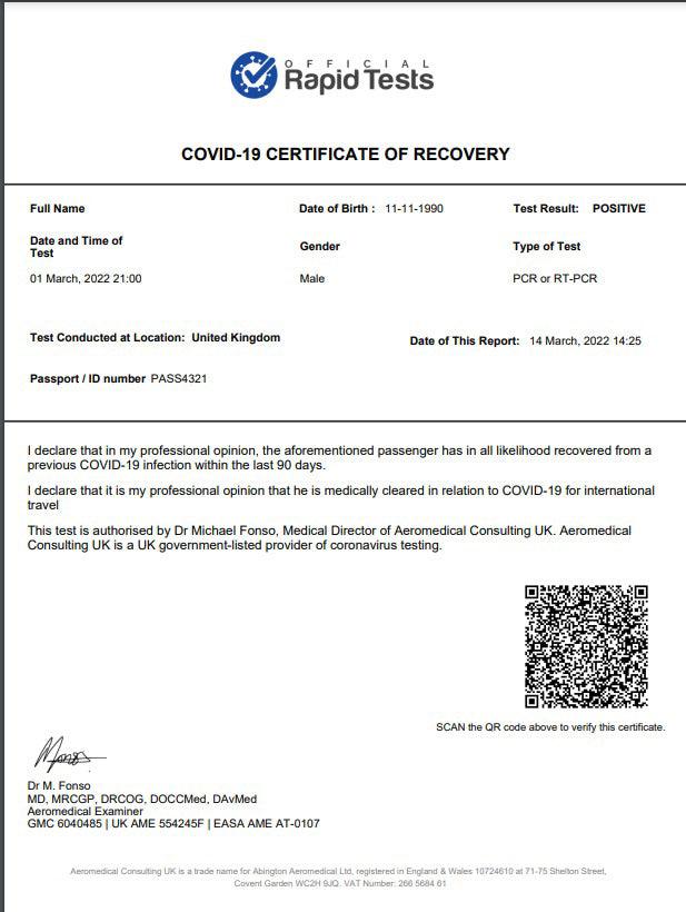 COVID-19 Recovery Certificate | Only £29 | 15 Minute Results – Official ...